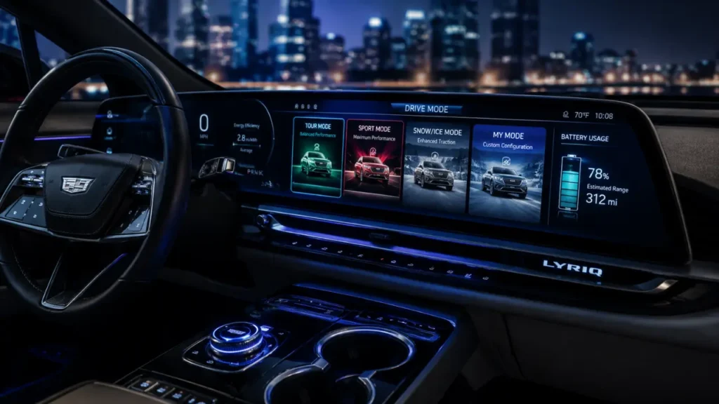 do the driving modes in Cadillac Lyriq offer different ranges or battery usages?